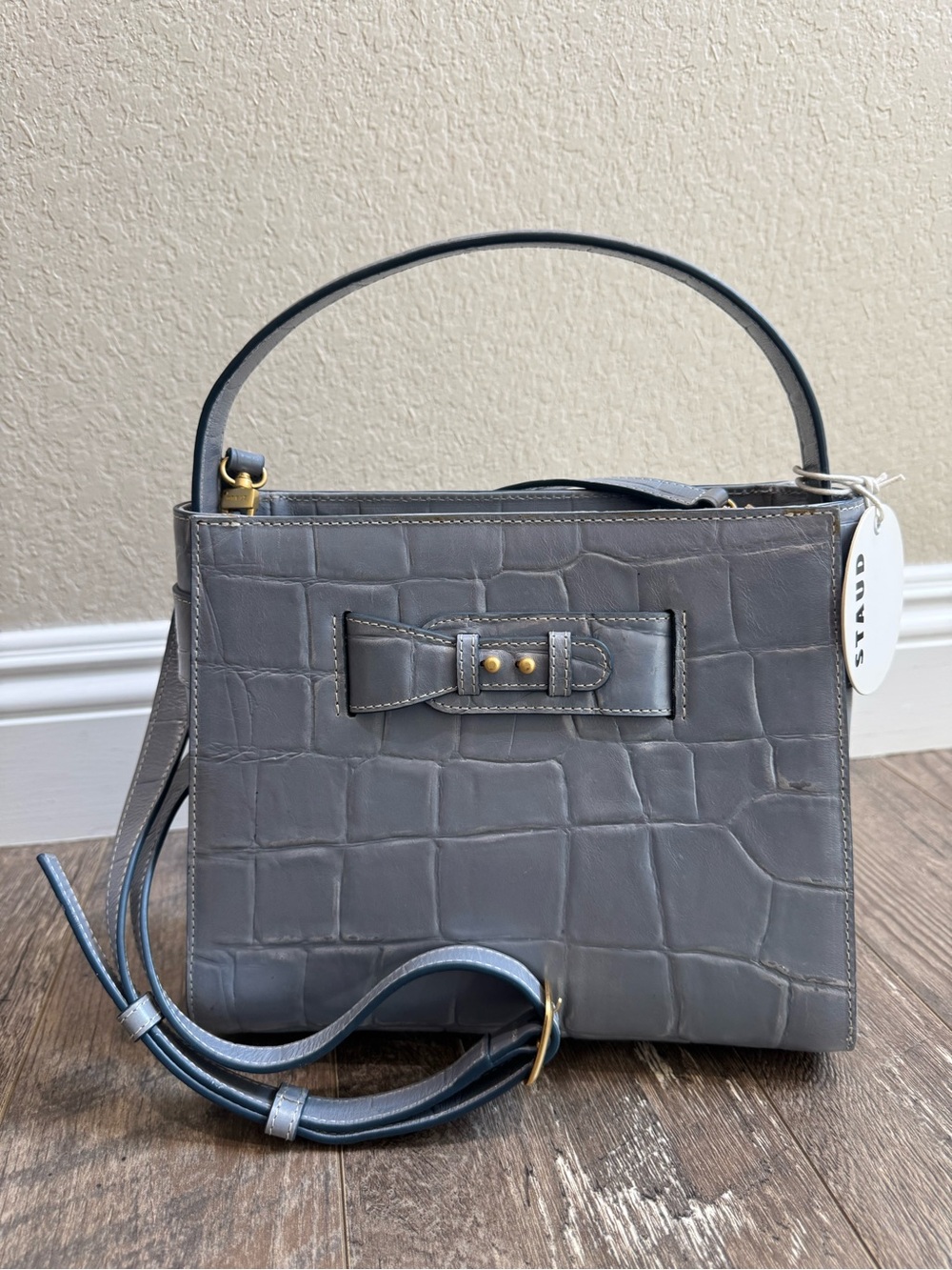 STAUD Sample Blue Croc Embossed Leather Top Handle Crossbody Bag Bow